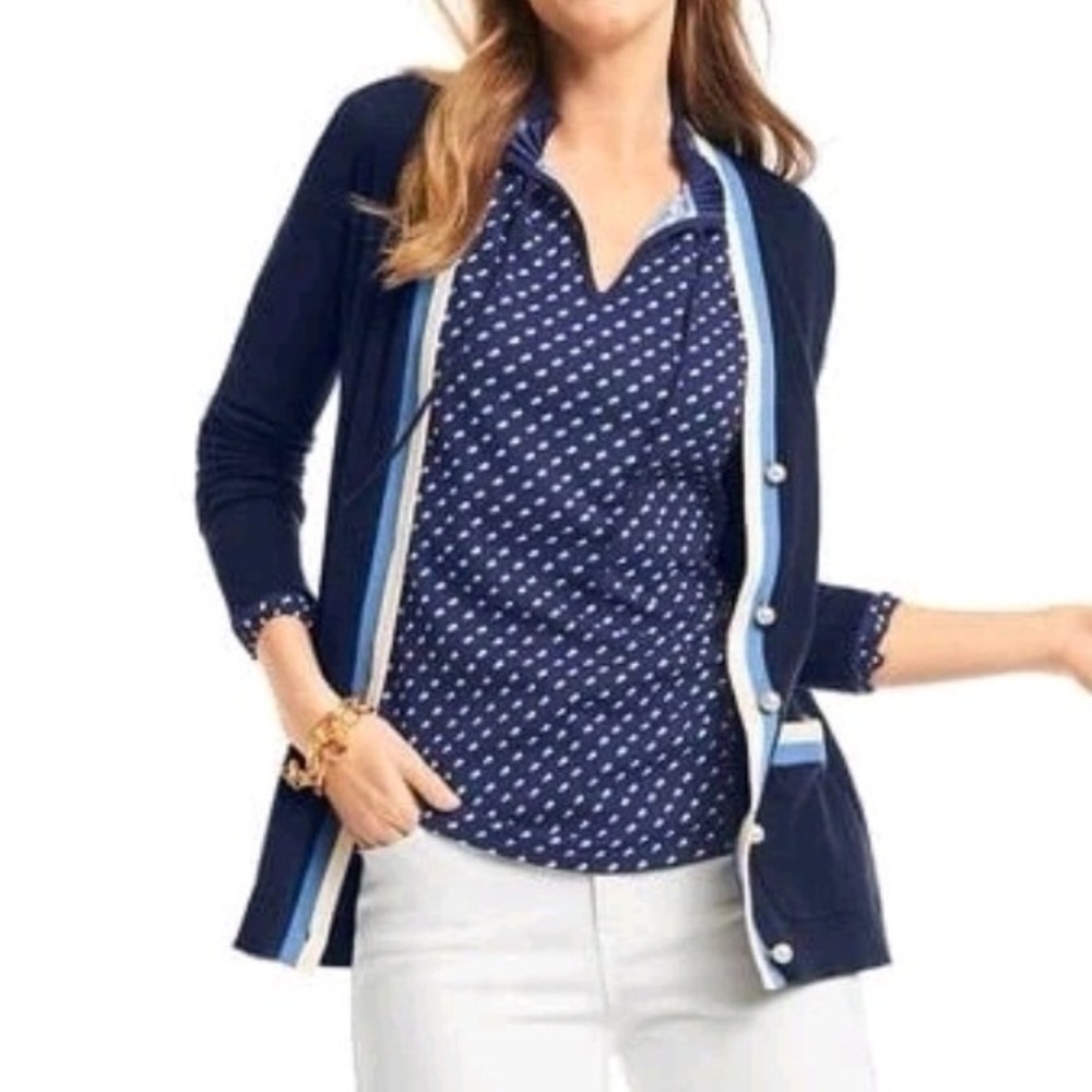 Talbots Tipped Cardigan Women‎ XL Navy Blue Pearl Button Cotton Cashmere Blend
